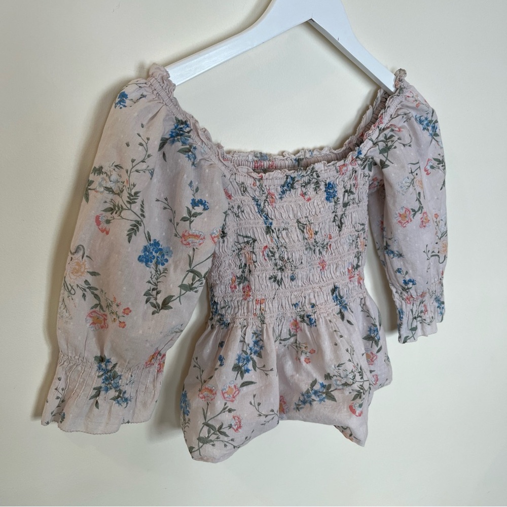 Saylor Clover Floral Smocked Peplum Top Pink 3/4 Puff Sleeves Ruffle Size Small - Picture 4 of 7